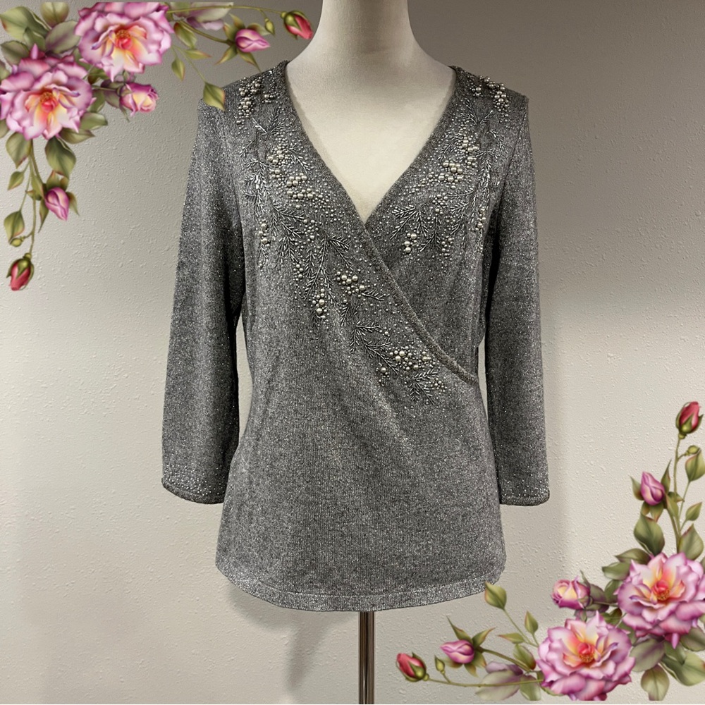 Ann Taylor silver Gray beads Embellished V-Neck sweater